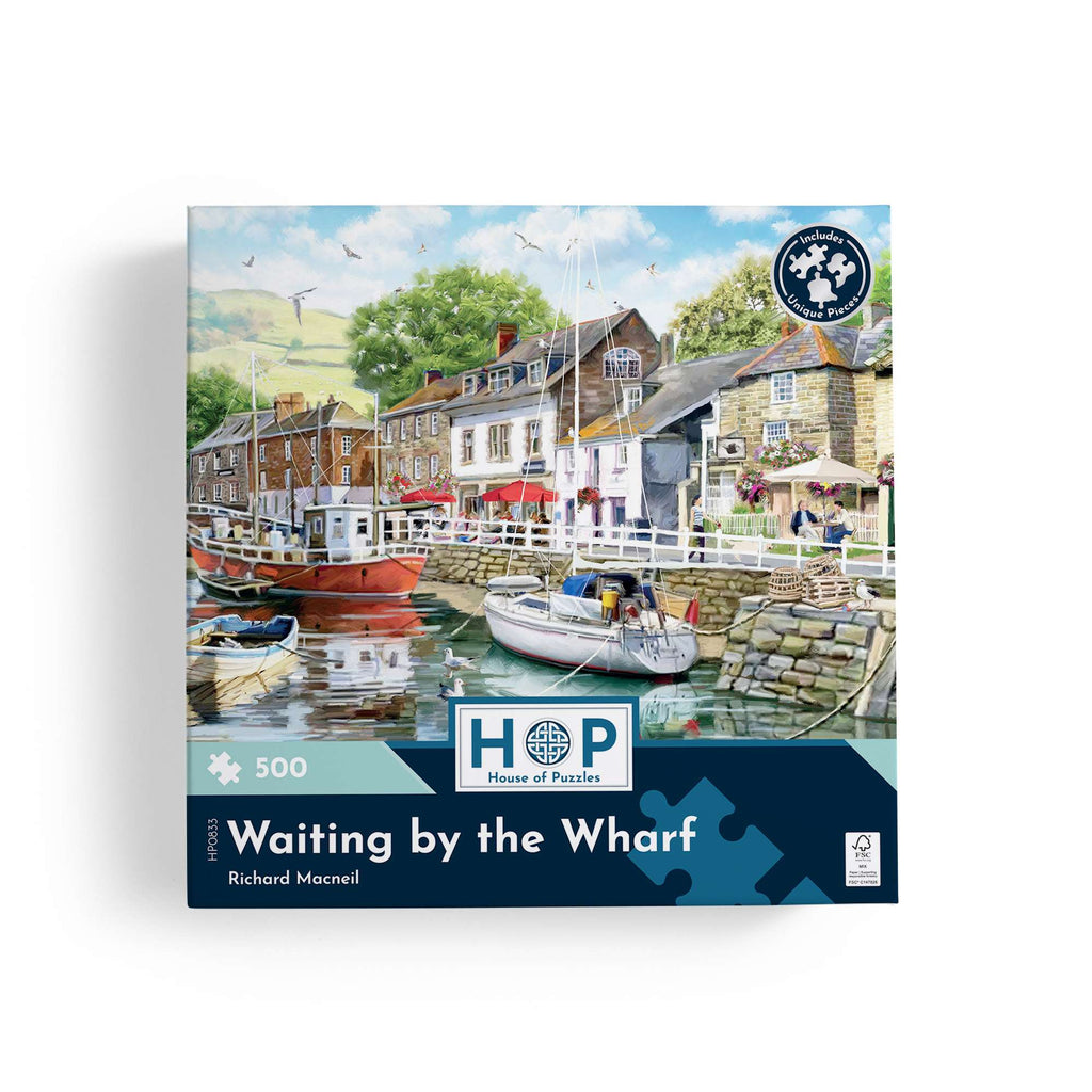 Box, straight on: Waiting by the Wharf by Richard Macneil - 500 Piece Jigsaw Puzzle (House of Puzzles)