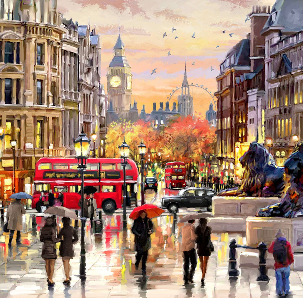 Detail of the artwork: Twilight in Trafalgar Square by Richard Macneil - 1000 Piece Jigsaw Puzzle (House of Puzzles)