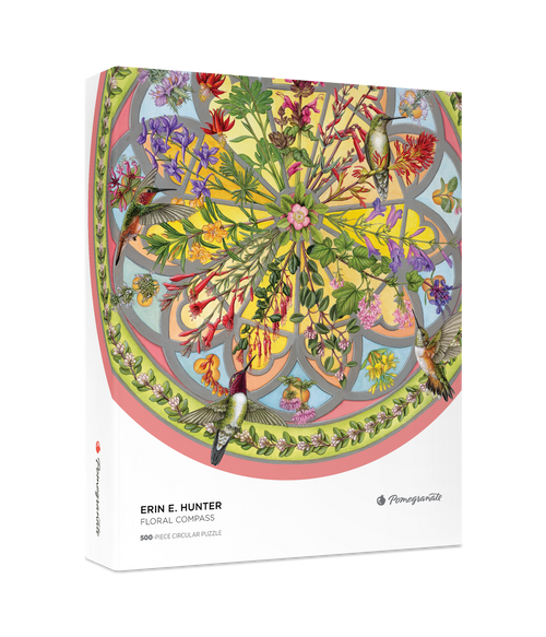Floral Compass by Erin E. Hunter – 500 Piece Circular Jigsaw Puzzle (Pomegranate) - Completed Puzzle