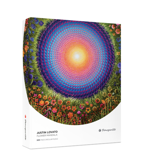 Flower Mandala by Justin Lovato – 500 Piece Circular Jigsaw Puzzle (Pomegranate) - Completed Puzzle
