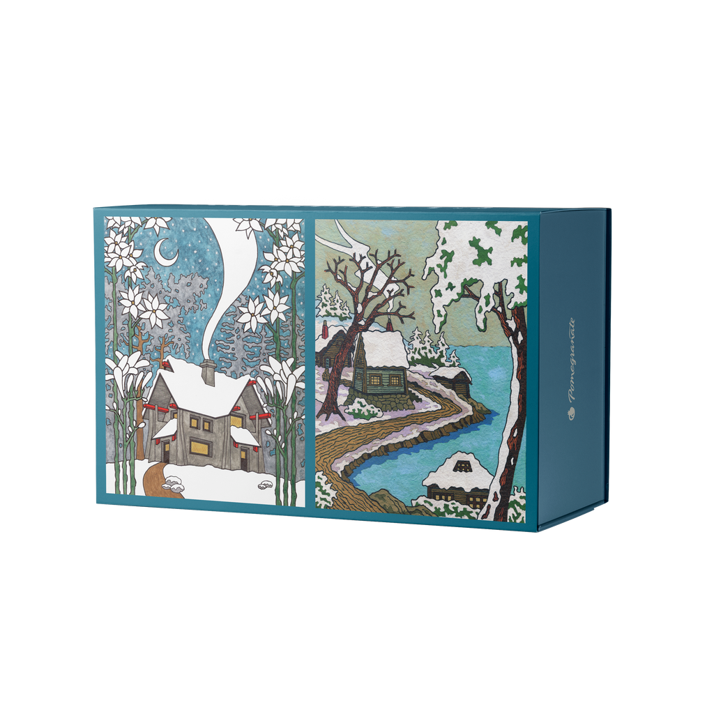 Snowy Cabins by CJ Hurley – 120 Piece Double-Sided Jigsaw Puzzle Set (Pomegranate)