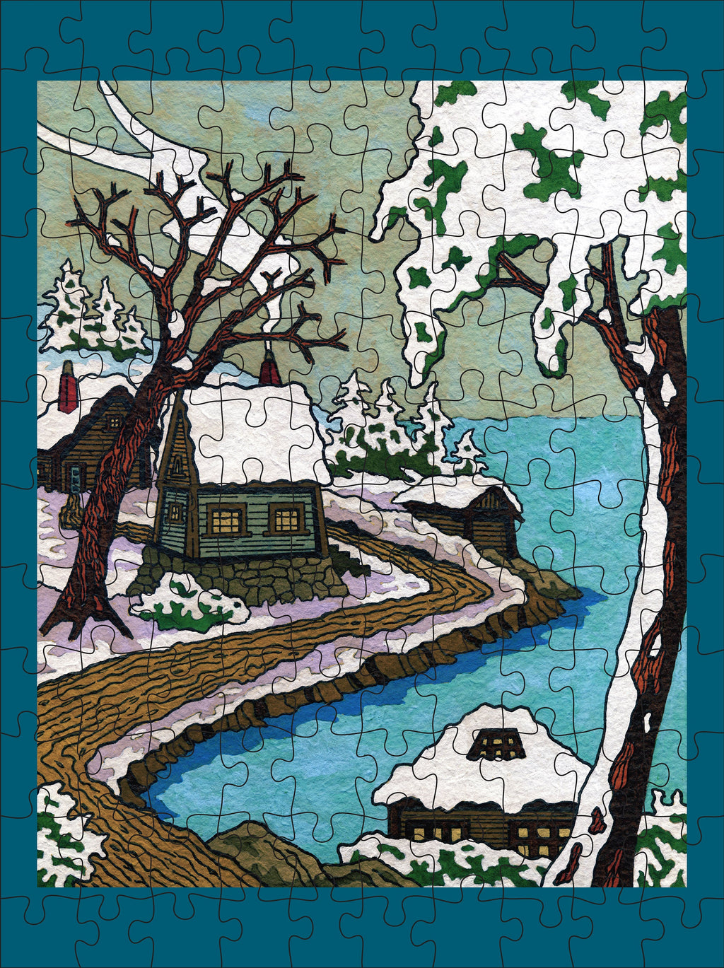 Snowy Cabins by CJ Hurley – 120 Piece Double-Sided Jigsaw Puzzle Set (Pomegranate)
