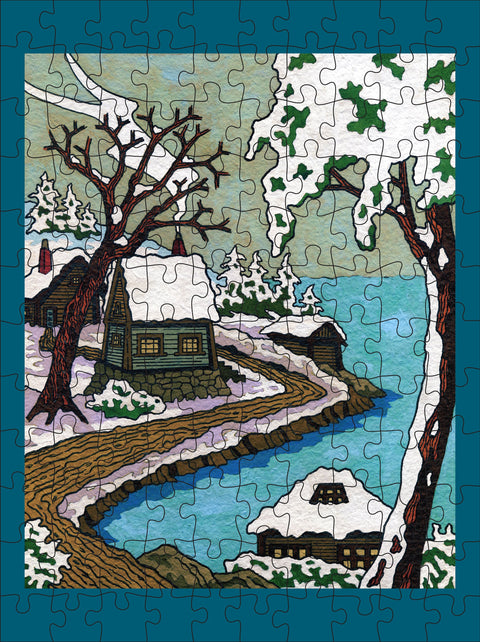 Snowy Cabins by CJ Hurley – 120 Piece Double-Sided Jigsaw Puzzle Set (Pomegranate)