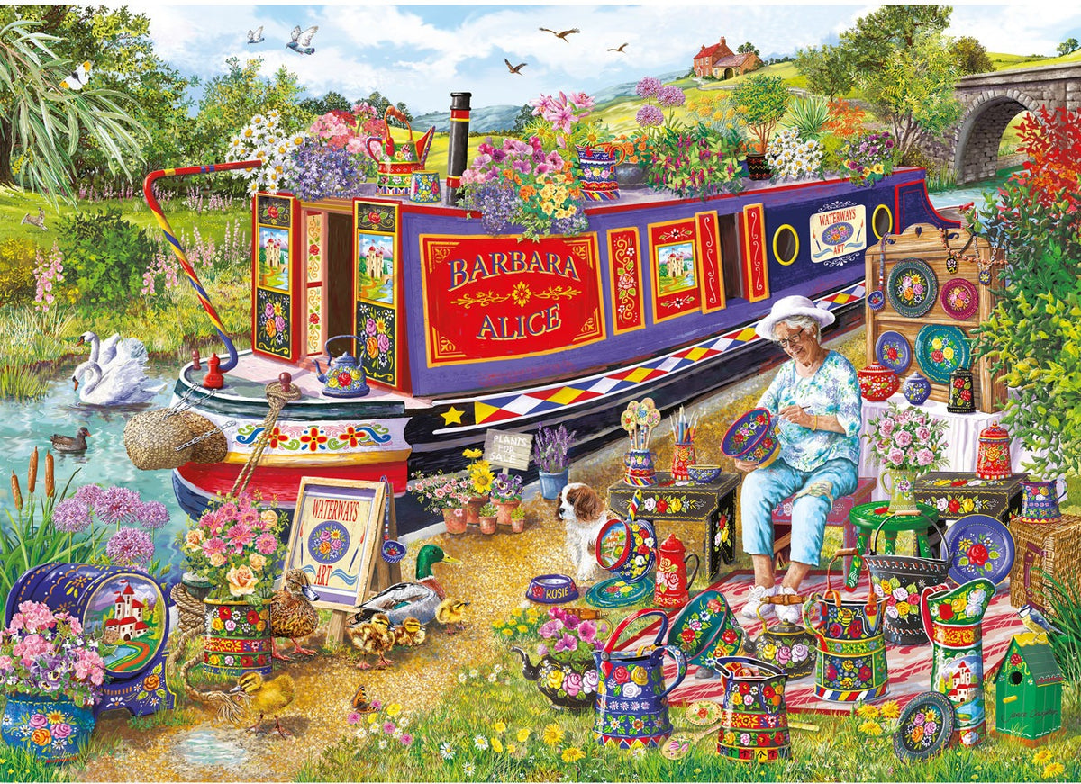 Artwork: Canal Boat Blooms by Janice Daughters - 500XL Piece Jigsaw Puzzle (Gibsons)