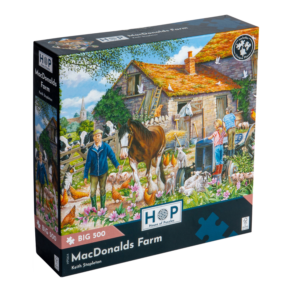 Box, turned left: MacDonalds Farm – 500 XL Piece Jigsaw Puzzle (House of Puzzles)