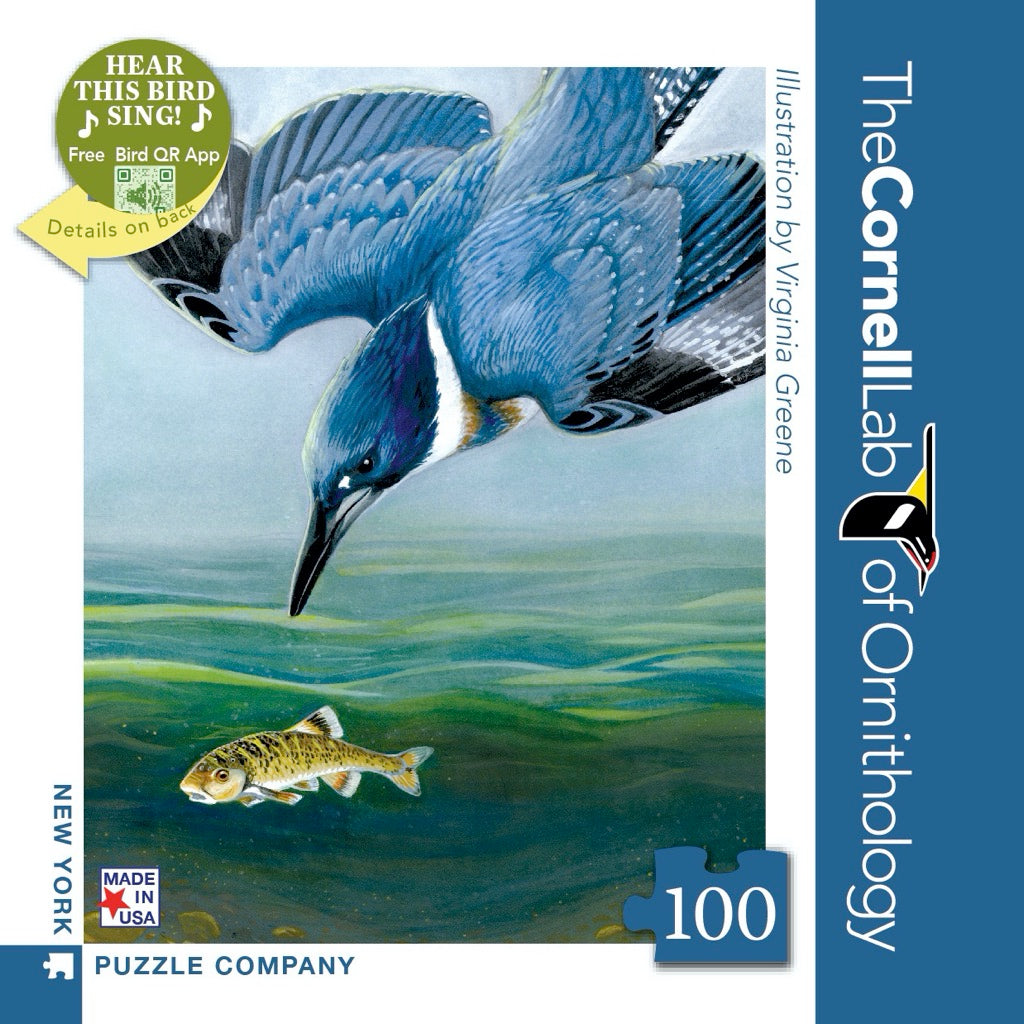 Box, straight on: Belted Kingfisher - 100 Piece Jigsaw Puzzle (New York Puzzle Company)