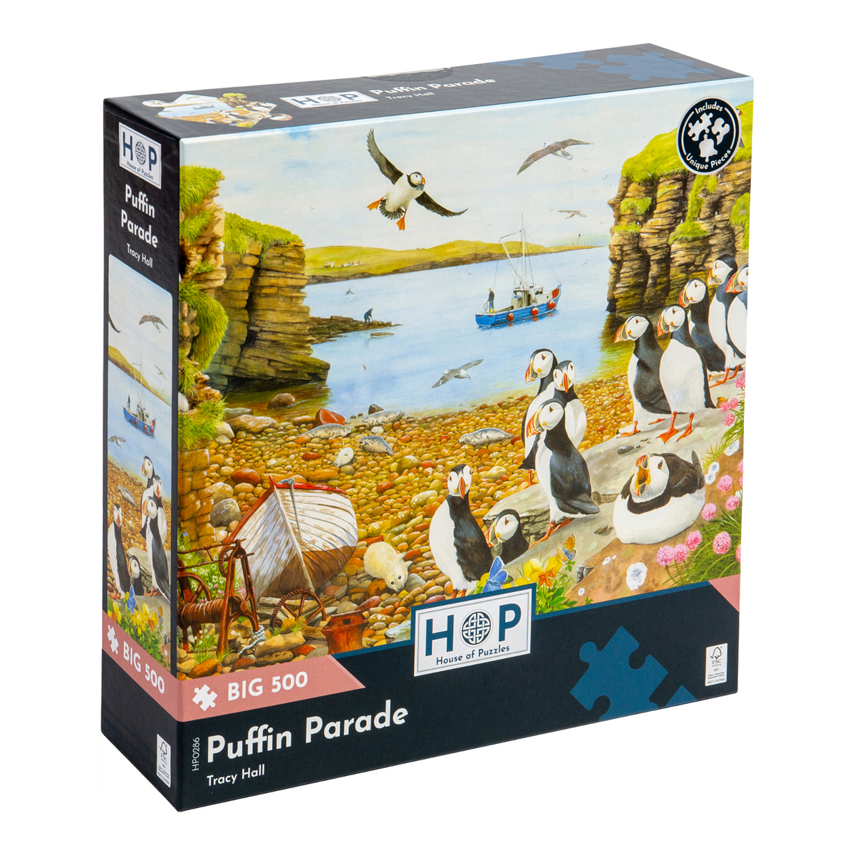 Box, turned right: Puffin Parade – 500 Piece Jigsaw Puzzle (House of Puzzles)
