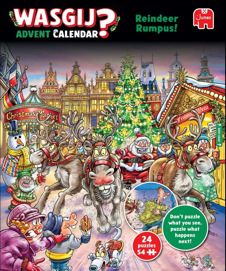 Wasgij Advent Calendar cover with Santa and reindeer in a festive setting