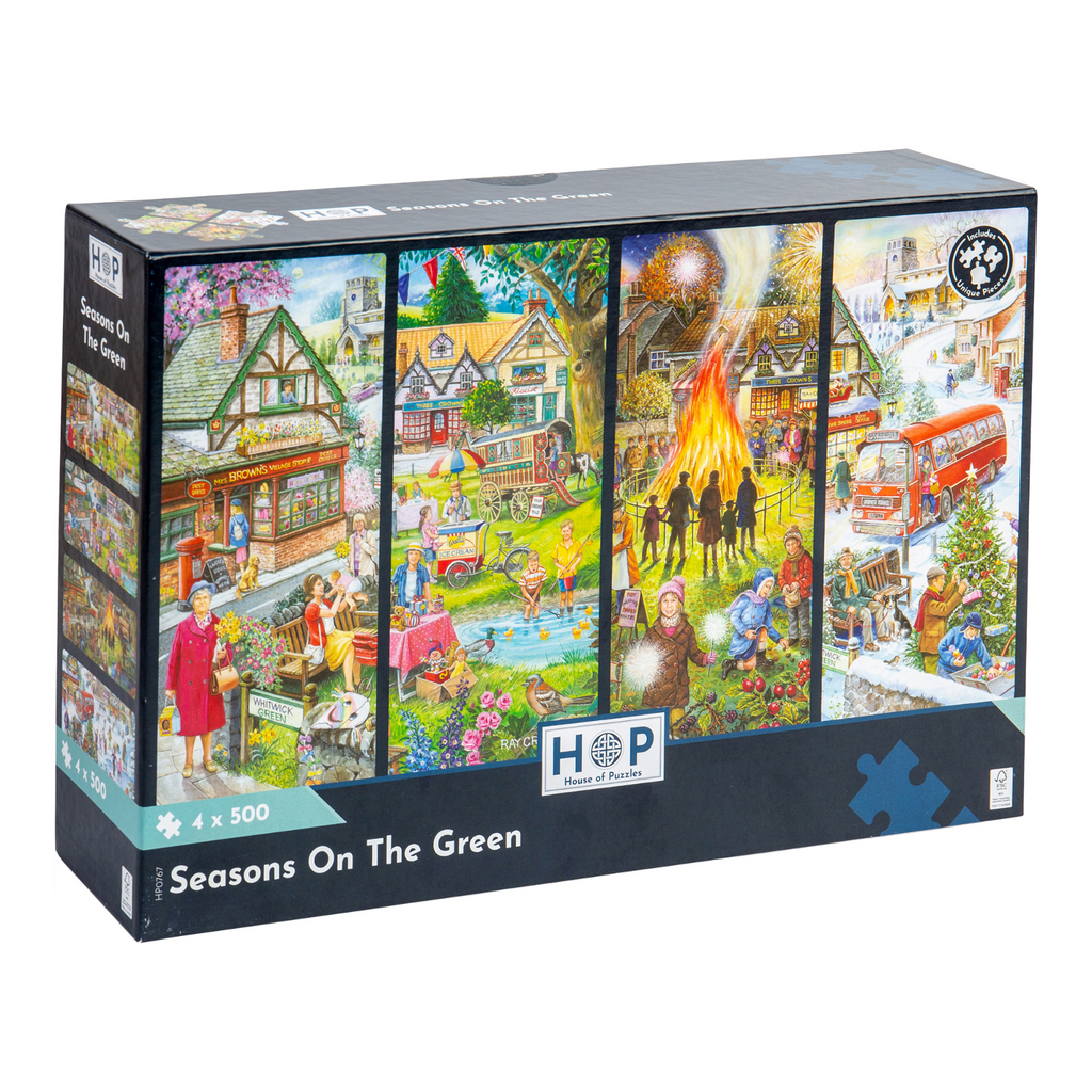 Box, turned right: Seasons On The Green – 4 x 500 Piece Jigsaw Puzzle (House of Puzzles)