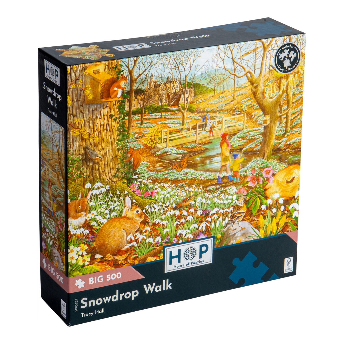 Box, turned right: Snowdrop Walk – 500 XL Piece Jigsaw Puzzle (House of Puzzles)
