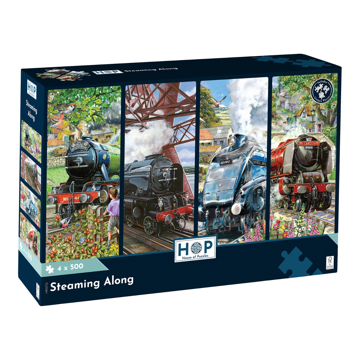 Box, straight on: Steaming Along – 4 x 500 Piece Jigsaw Puzzle (House of Puzzles)