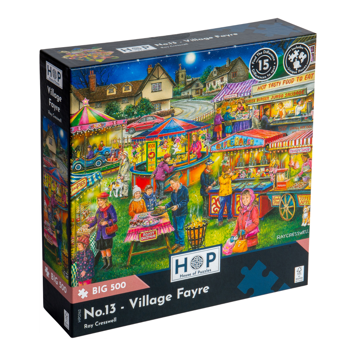 Box, turned left: Village Fayre – 500 XL Piece Jigsaw Puzzle (House of Puzzles)