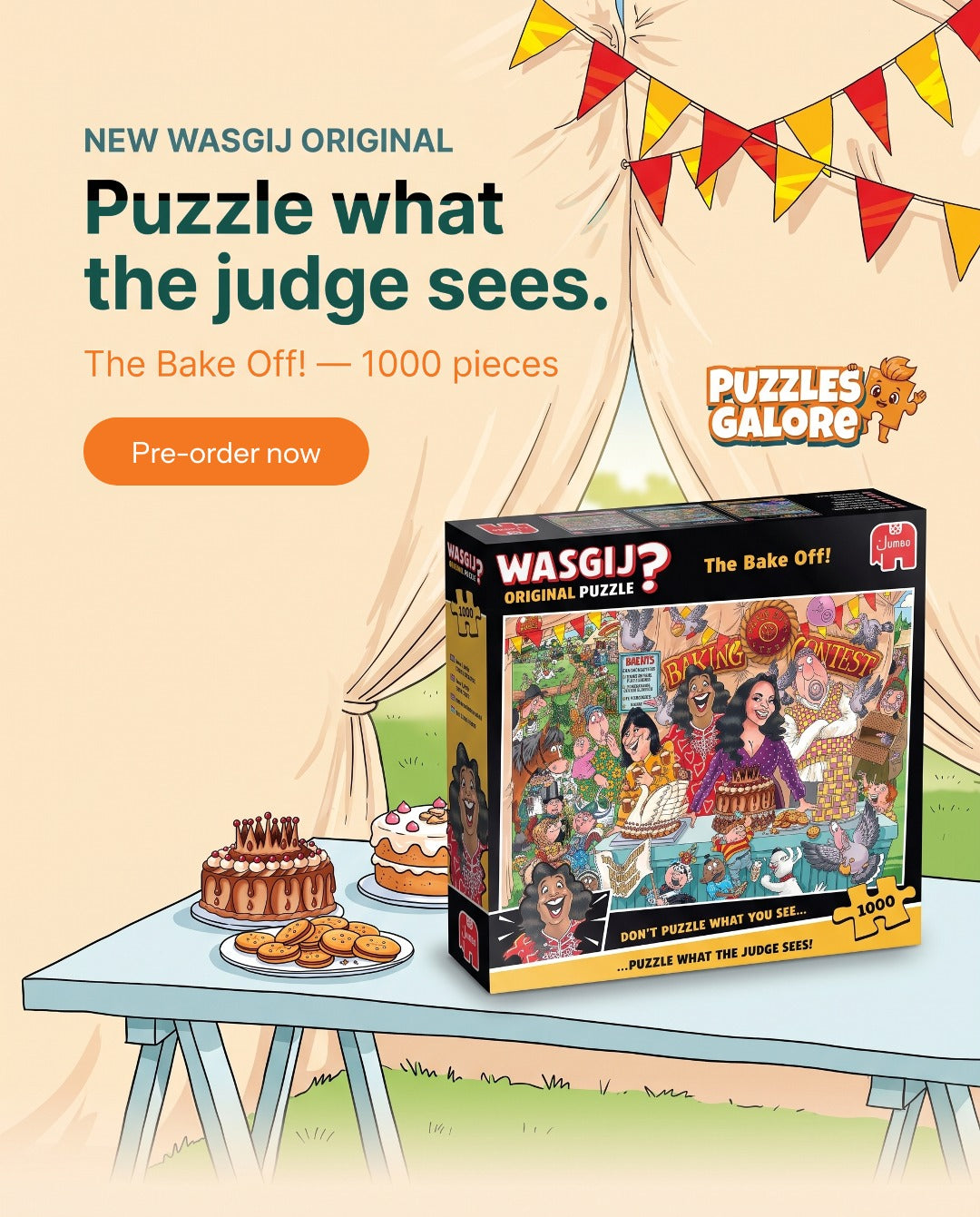 Pre-order Wasgij Original The Bake Off — a 1000 piece jigsaw set at a village fete baking contest, where you puzzle what the judge sees