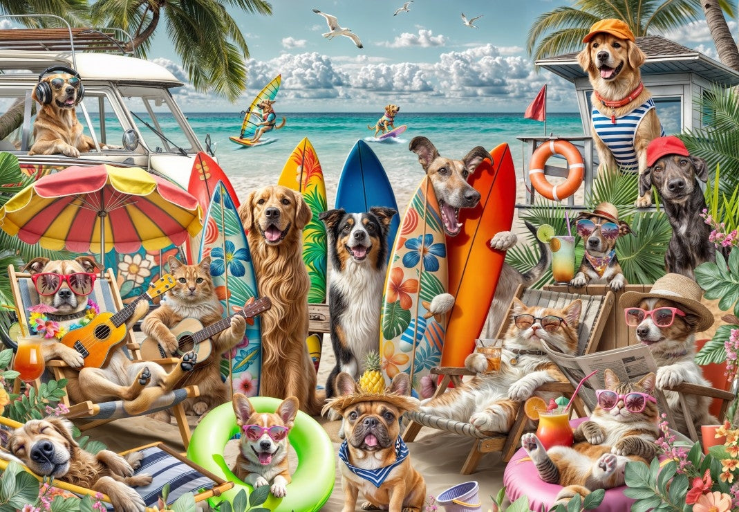 Dogs and Cats at the Beach - 1000 Piece Jigsaw Puzzle (Bluebird)