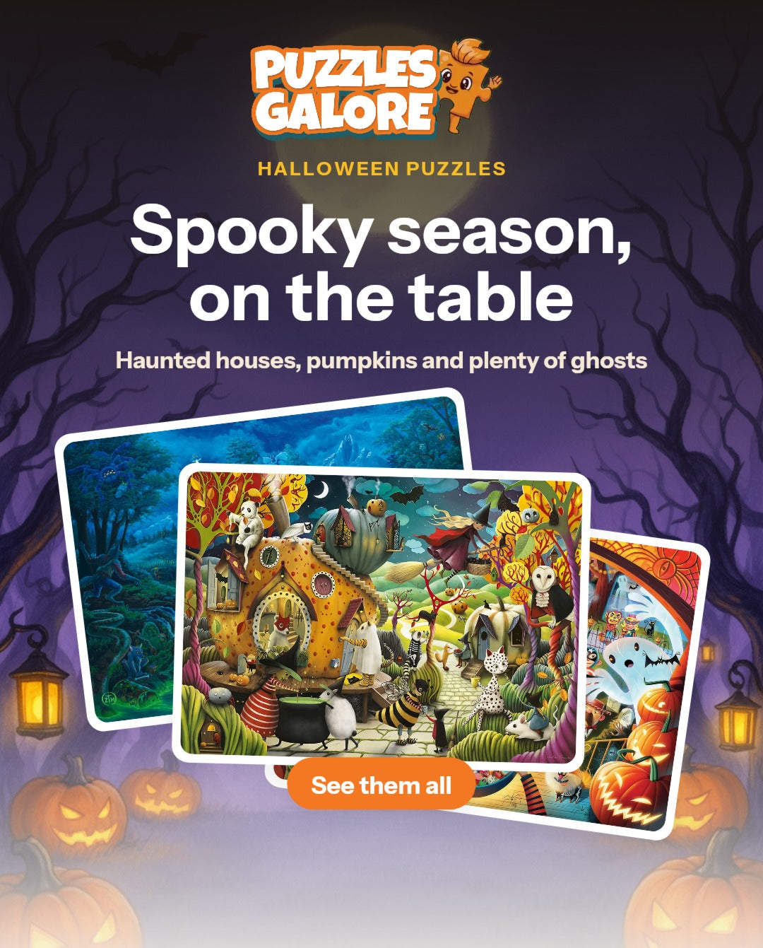 Halloween puzzles: spooky season, on the table. The Haunted House, Trick or Treat and Happy Halloween jigsaws on a moonlit night