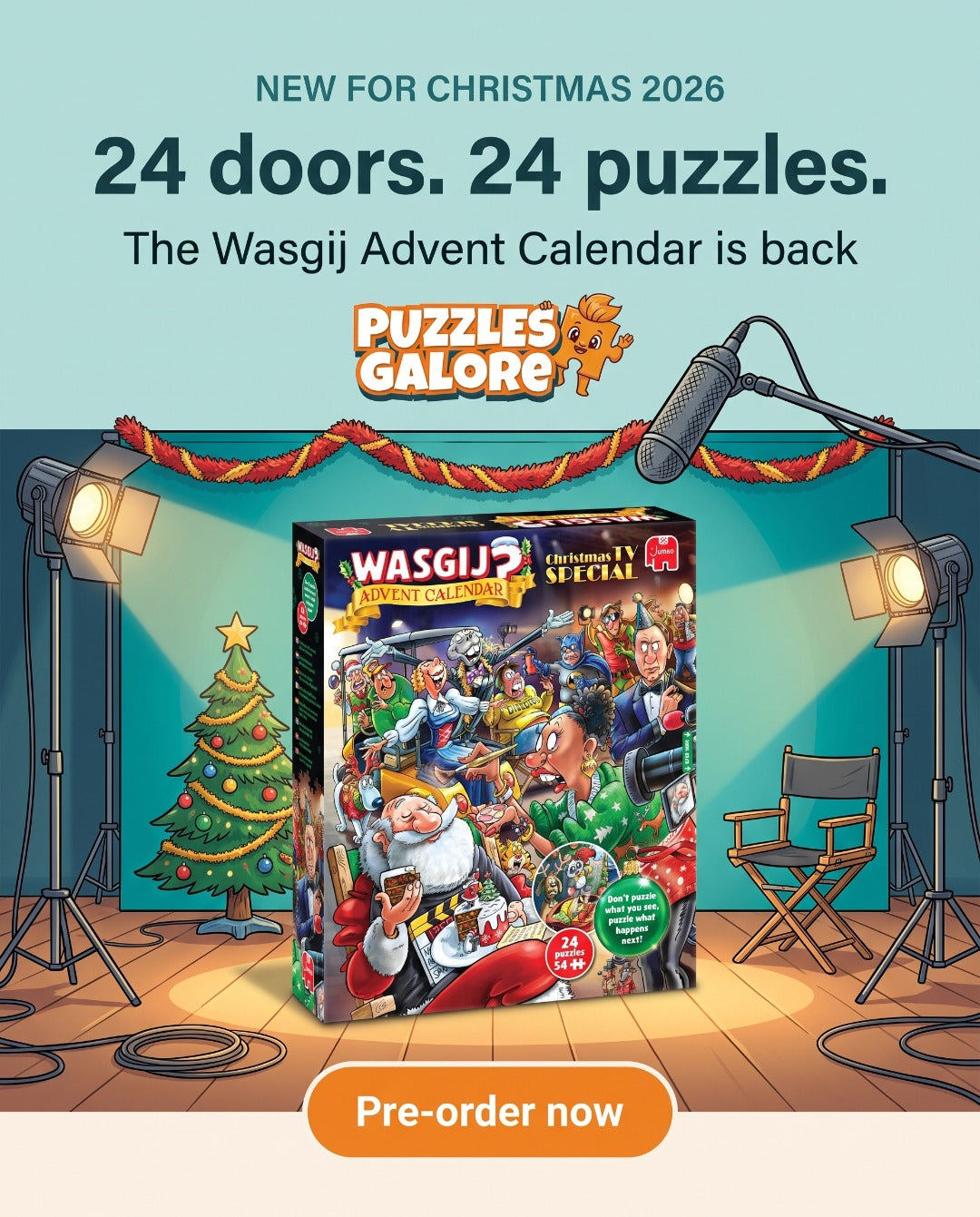 Pre-order the Wasgij Advent Calendar 2026 — Christmas TV Special, 24 doors each hiding a 54-piece jigsaw