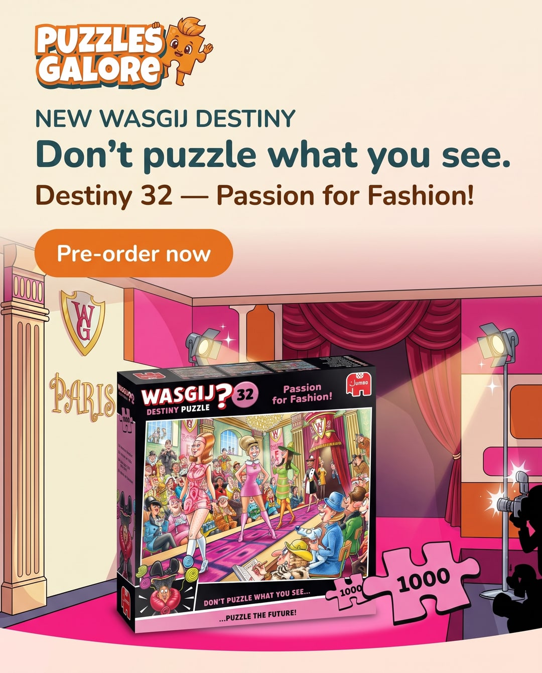 Pre-order Wasgij Destiny 32 — Passion for Fashion, a 1000 piece jigsaw where you puzzle what happens next