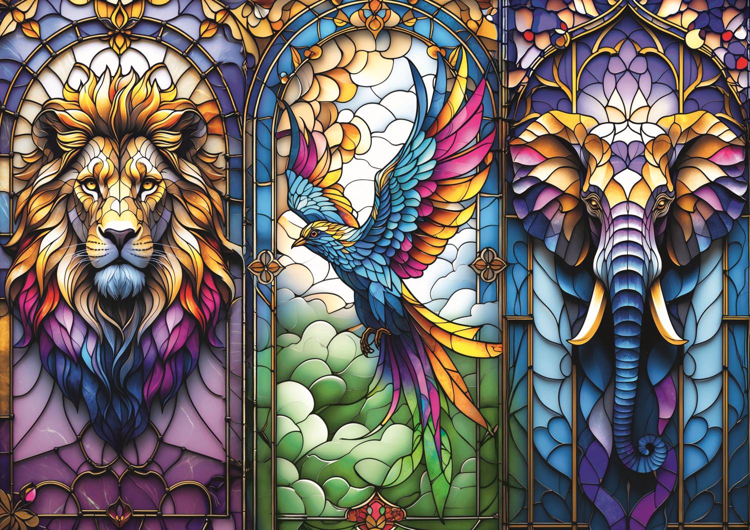Stained Glass Animals Triptych - 1000 Piece Jigsaw Puzzle (Trefl)