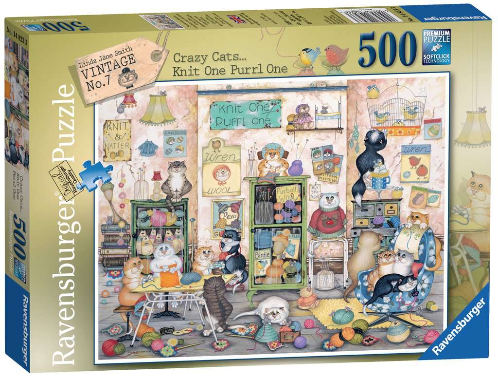 Ravensburger - Crazy Cats Vintage - Knit one, Purrl one - 500 Piece Jigsaw Puzzle