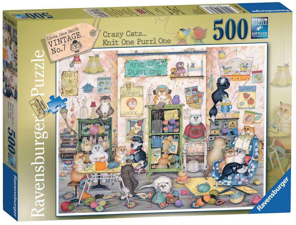 Knit one, Purrl one by Crazy Cats Vintage – 500 Piece Jigsaw Puzzle (Ravensburger)