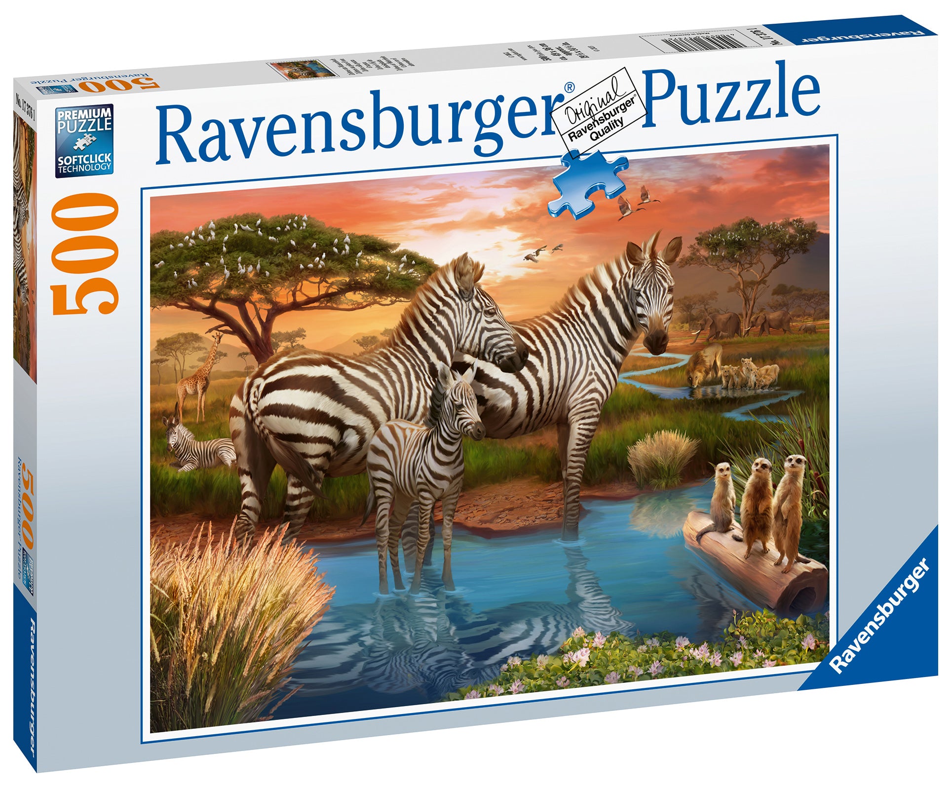 Zebra’s at Waterhole – 500 Piece Jigsaw Puzzle (Ravensburger)