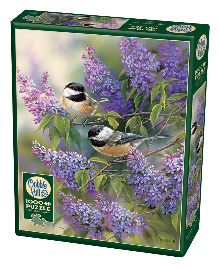 Chickadees and Lilacs – 1000 Piece Jigsaw Puzzle (Cobble Hill) - Completed Puzzle