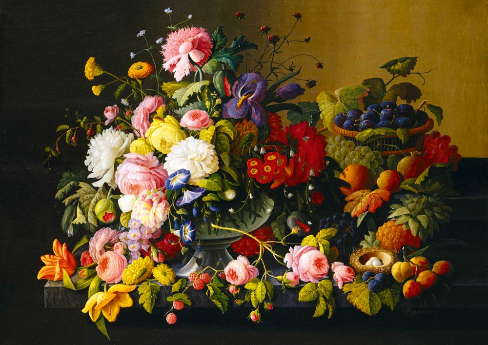 Still Life, Flowers and Fruit, 1855 by Severin Roesen – 1000 Piece Jigsaw Puzzle (Bluebird Puzzle)